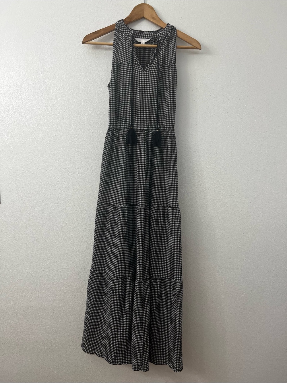 Sleeveless Navy & White Gingham Prairie High Neck Maxi Dress